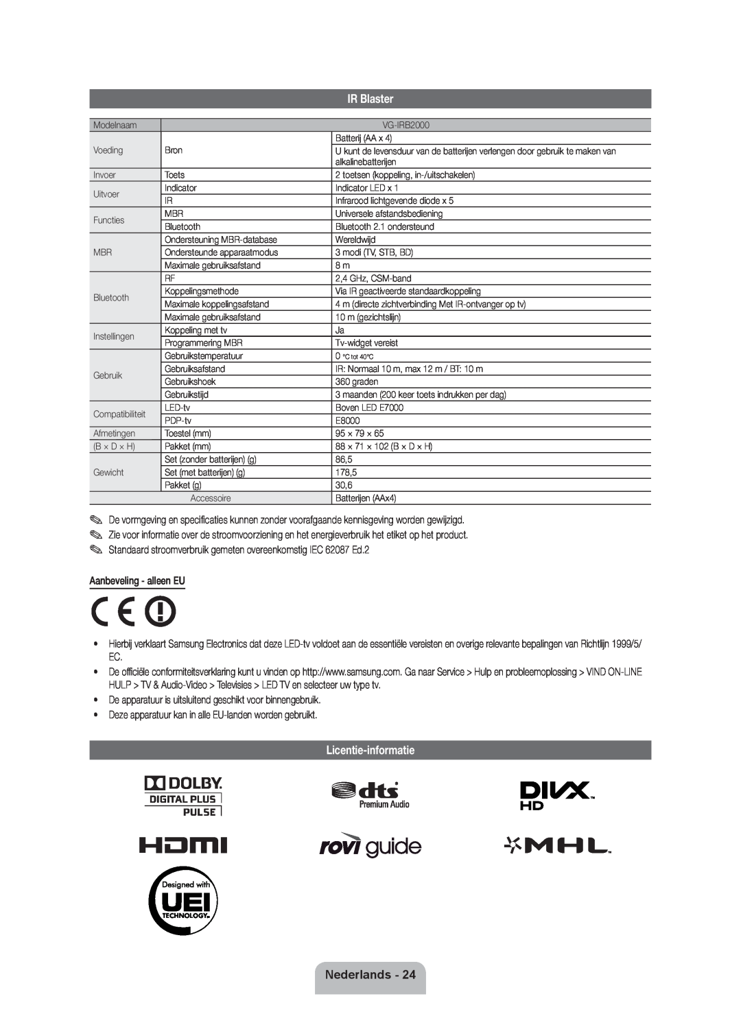 Samsung UE55ES7000SXXN, UE46D7090LSXZG Licentie-informatie, IR Blaster, Nederlands, Aanbeveling - alleen EU, C tot 40C 