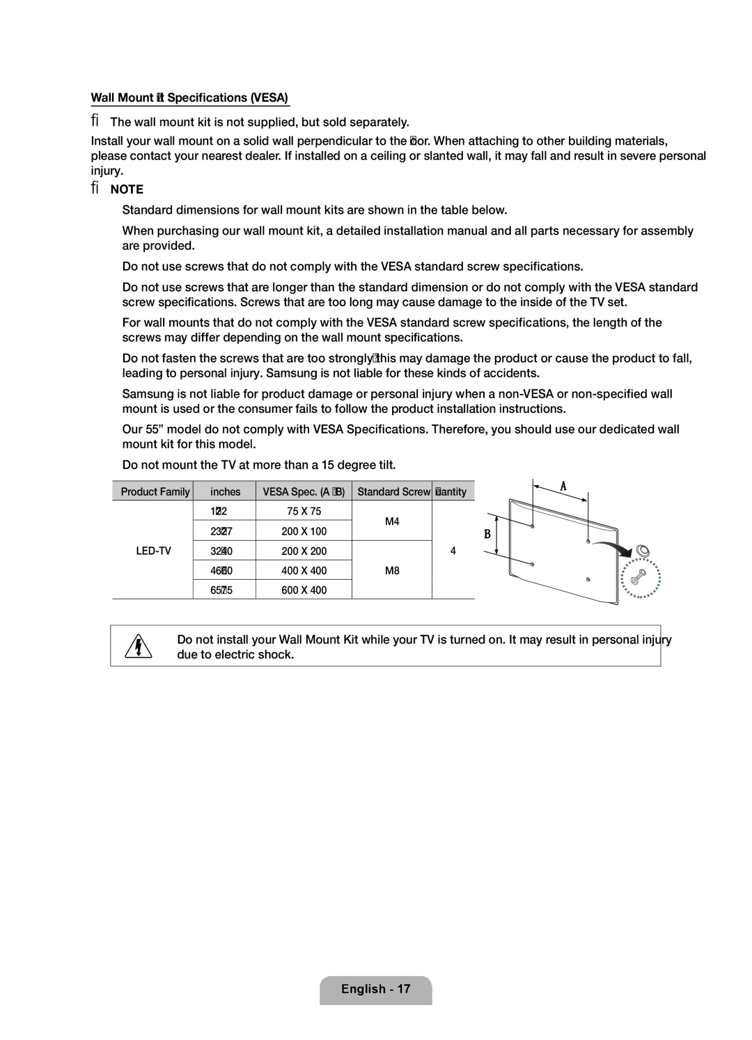 Samsung UE40D8000YSXRU, UE46D8000YSXBY, UE55D8000YSXCA Vesa Spec. a * B Standard Screw Quantity, 75 X, 200 X, 400 X, 600 X 