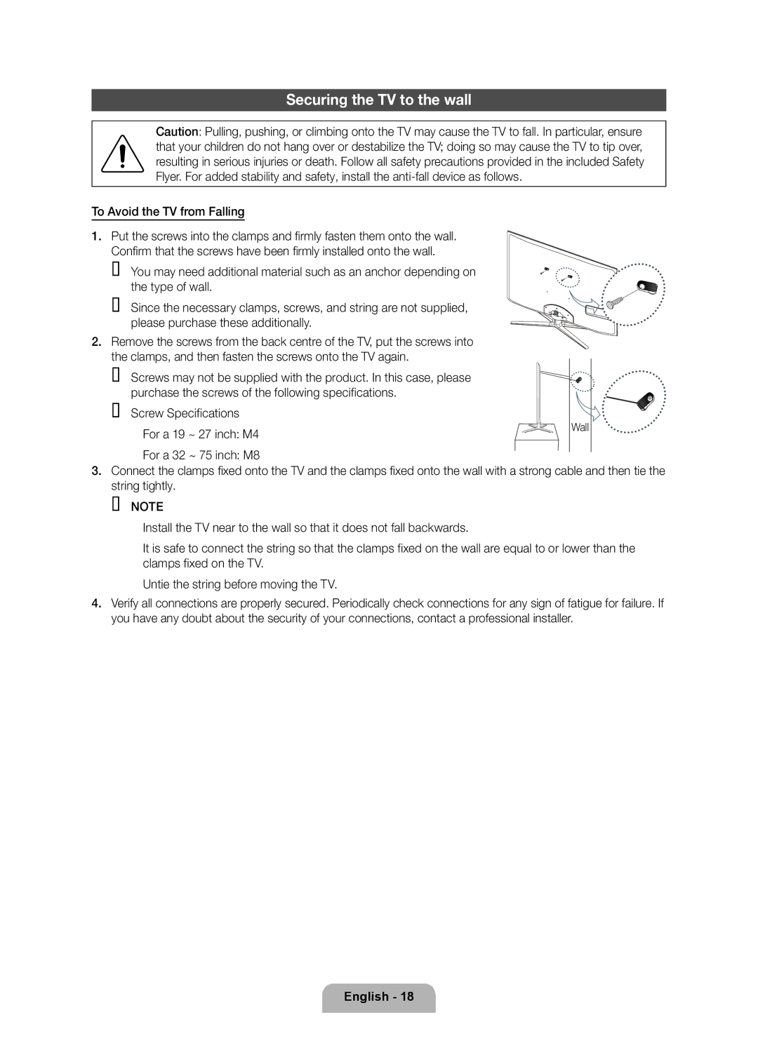 Samsung UE46D8000YSXBY, UE55D8000YSXCA, UE46D8000YSXRU manual Securing the TV to the wall, To Avoid the TV from Falling 