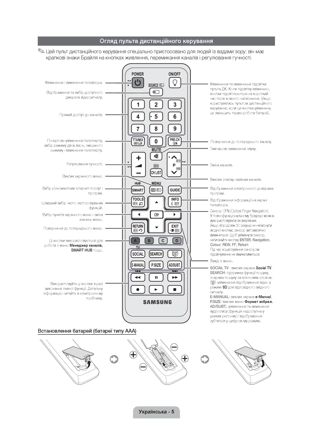 Samsung UE55D8000YSXRU, UE46D8000YSXBY manual Огляд пульта дистанційного керування, Встановлення батарей батареї типу AAA 