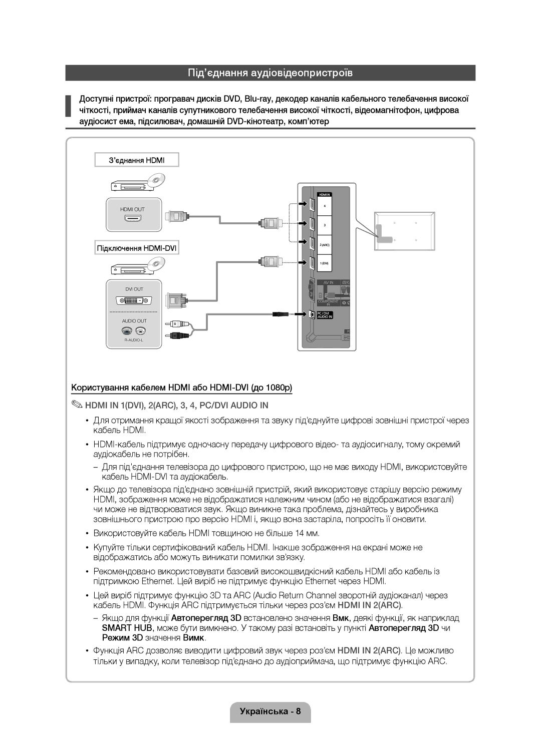 Samsung UE46D8000YSXBY, UE55D8000YSXCA Під’єднання аудіовідеопристроїв, Користування кабелем Hdmi або HDMI-DVI до 1080р 