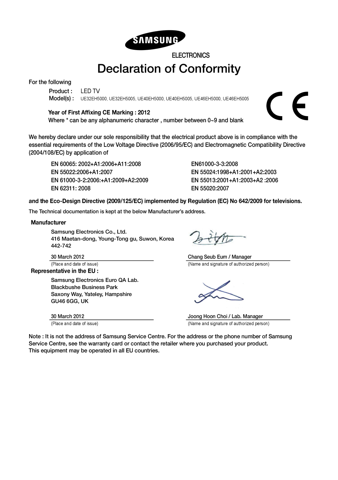 Samsung UE32EH5000WXZF, UE46EH5000WXZF manual Declaration of Conformity, Year of First Affixing CE Marking, Manufacturer 