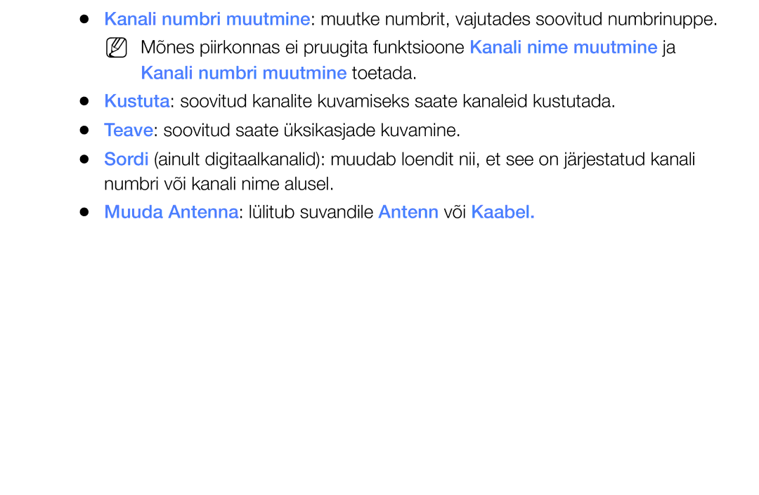 Samsung UE32EH6030WXBT, UE46EH6030WXBT Kanali numbri muutmine toetada, Muuda Antenna lülitub suvandile Antenn või Kaabel 