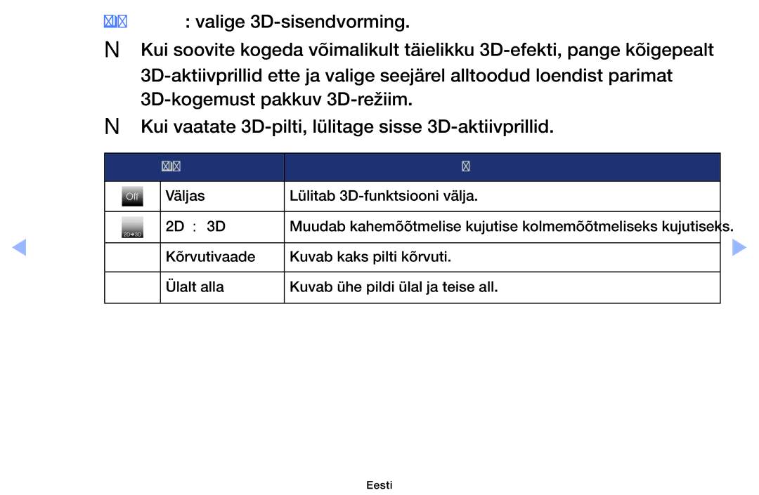 Samsung UE32EH6030WXBT, UE46EH6030WXBT, UE32EH4003WXBT, UE40EH6030WXBT manual 3D-režiim Kasutamine 