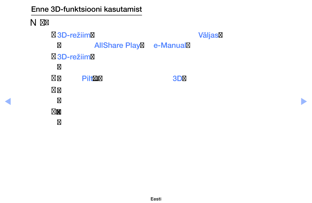 Samsung UE32EH4003WXBT, UE46EH6030WXBT manual Enne 3D-funktsiooni kasutamist, Funktsiooni AllShare Play või e-Manual 