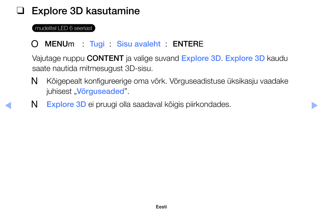 Samsung UE32EH6030WXBT, UE46EH6030WXBT manual Explore 3D kasutamine, Explore 3D ei pruugi olla saadaval kõigis piirkondades 