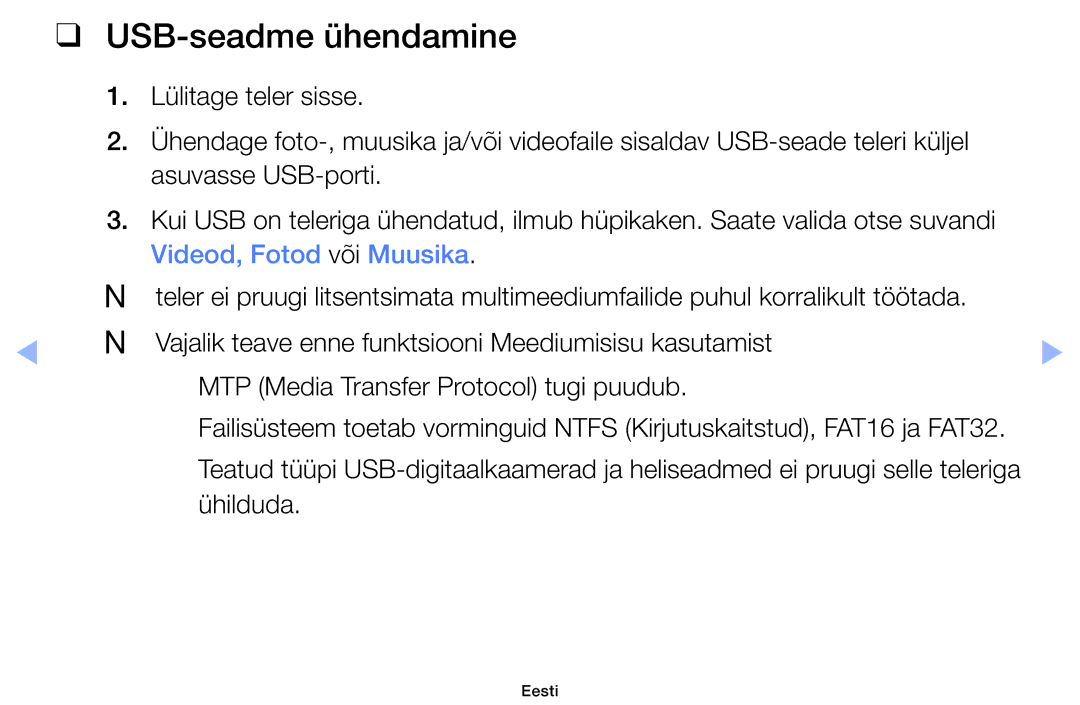 Samsung UE32EH4003WXBT, UE46EH6030WXBT, UE40EH6030WXBT, UE32EH6030WXBT manual USB-seadme ühendamine, Ühilduda 