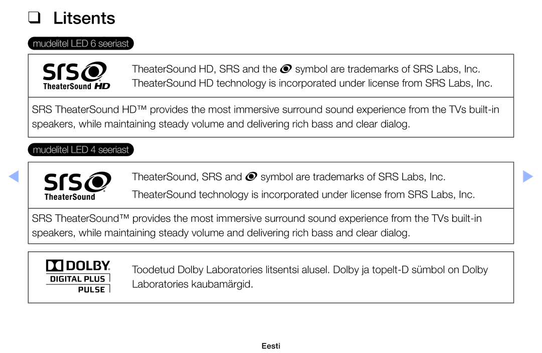 Samsung UE46EH6030WXBT, UE32EH4003WXBT, UE40EH6030WXBT, UE32EH6030WXBT manual Litsents, TheaterSound, SRS 