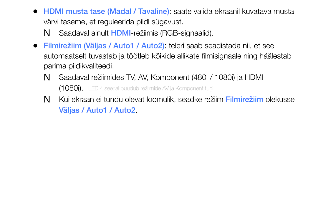 Samsung UE40EH6030WXBT, UE46EH6030WXBT manual NN Saadaval ainult HDMI-režiimis RGB-signaalid, Väljas / Auto1 / Auto2 