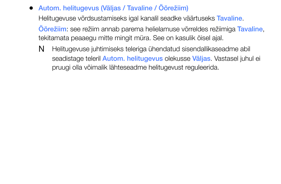Samsung UE32EH6030WXBT, UE46EH6030WXBT, UE32EH4003WXBT, UE40EH6030WXBT manual Autom. helitugevus Väljas / Tavaline / Öörežiim 