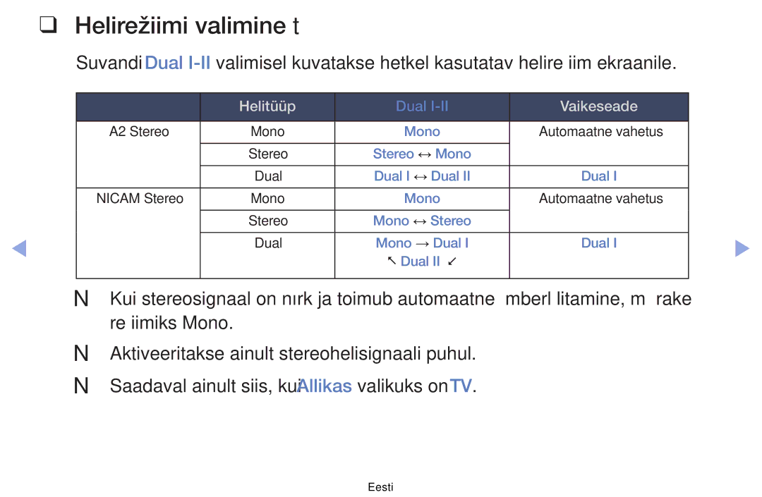 Samsung UE32EH4003WXBT, UE46EH6030WXBT, UE40EH6030WXBT, UE32EH6030WXBT manual Helirežiimi valimine t, Vaikeseade 