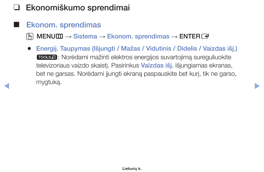 Samsung UE32EH4003WXBT, UE46EH6030WXBT, UE40EH6030WXBT, UE32EH6030WXBT manual Ekonomiškumo sprendimai, Ekonom. sprendimas 