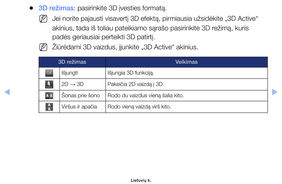 Samsung UE32EH6030WXBT, UE46EH6030WXBT, UE32EH4003WXBT, UE40EH6030WXBT manual 3D režimas Veikimas 