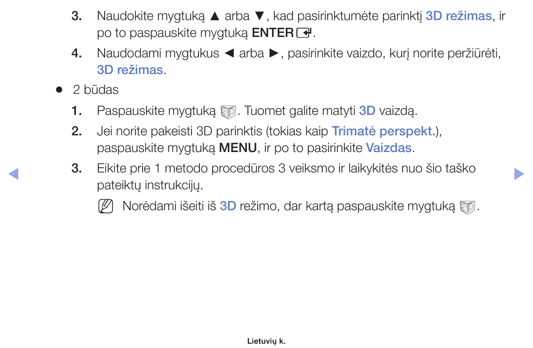 Samsung UE46EH6030WXBT, UE32EH4003WXBT, UE40EH6030WXBT, UE32EH6030WXBT manual 3D režimas 