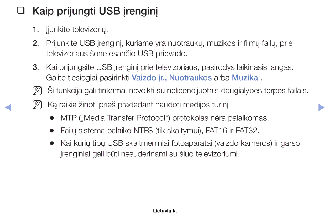 Samsung UE32EH4003WXBT, UE46EH6030WXBT, UE40EH6030WXBT, UE32EH6030WXBT manual Kaip prijungti USB įrenginį 