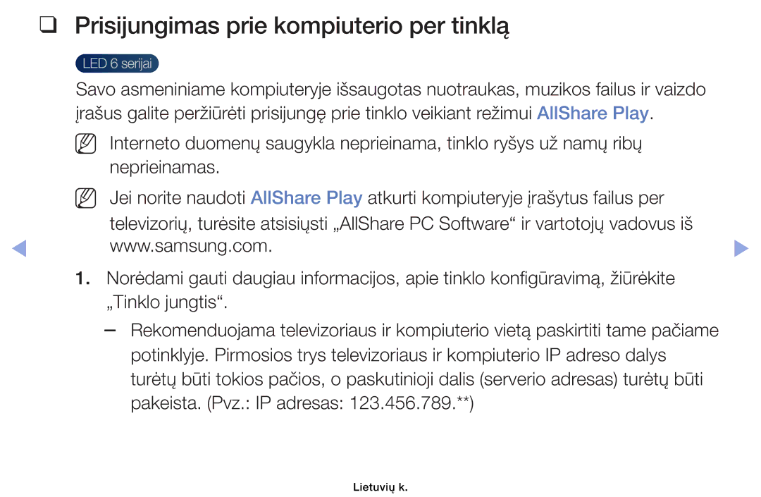 Samsung UE32EH6030WXBT, UE46EH6030WXBT, UE32EH4003WXBT, UE40EH6030WXBT manual Prisijungimas prie kompiuterio per tinklą 