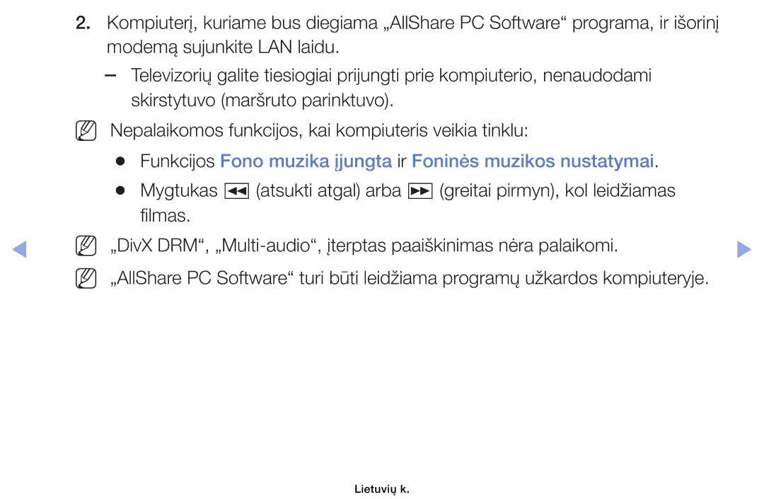 Samsung UE46EH6030WXBT, UE32EH4003WXBT, UE40EH6030WXBT manual Funkcijos Fono muzika įjungta ir Foninės muzikos nustatymai 