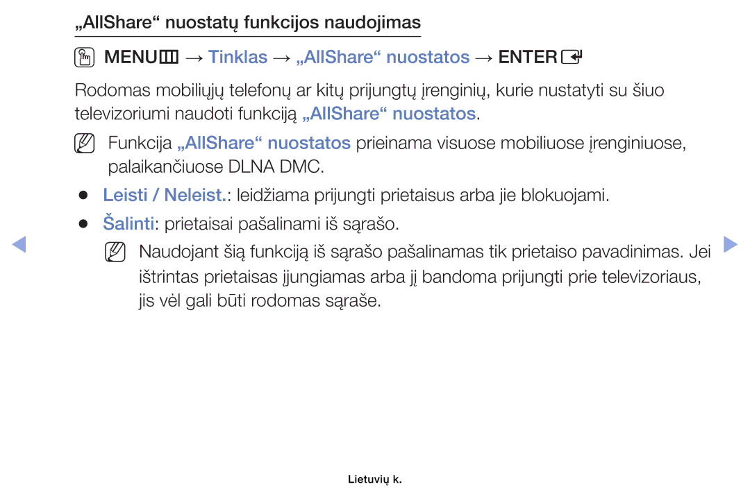 Samsung UE32EH6030WXBT, UE46EH6030WXBT, UE32EH4003WXBT, UE40EH6030WXBT manual „AllShare nuostatų funkcijos naudojimas 