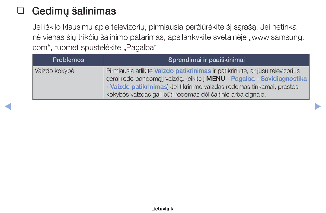 Samsung UE46EH6030WXBT, UE32EH4003WXBT, UE40EH6030WXBT, UE32EH6030WXBT manual Gedimų šalinimas 