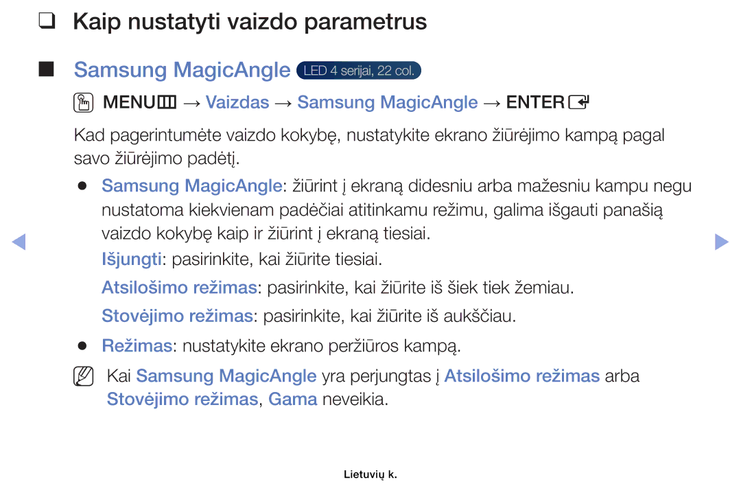 Samsung UE40EH6030WXBT, UE46EH6030WXBT, UE32EH4003WXBT, UE32EH6030WXBT Kaip nustatyti vaizdo parametrus, Samsung MagicAngle 