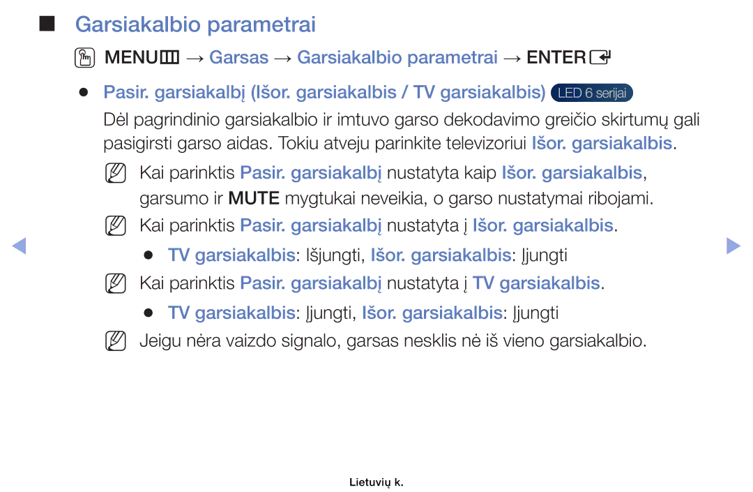 Samsung UE40EH6030WXBT, UE46EH6030WXBT, UE32EH4003WXBT, UE32EH6030WXBT manual Garsiakalbio parametrai 