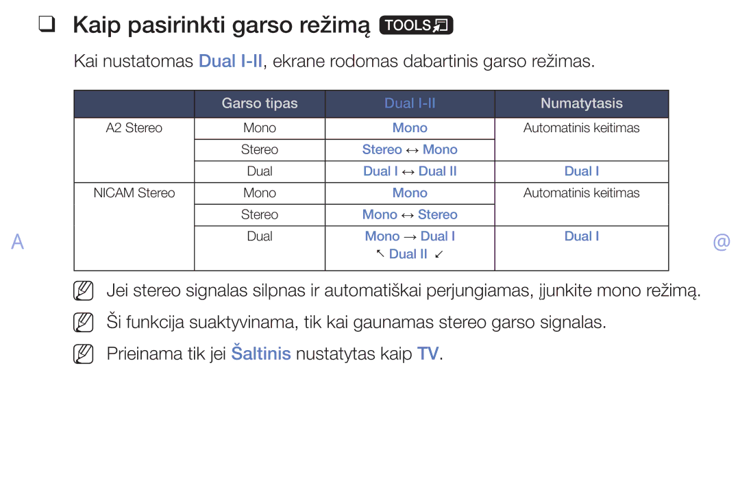 Samsung UE32EH4003WXBT, UE46EH6030WXBT, UE40EH6030WXBT, UE32EH6030WXBT manual Kaip pasirinkti garso režimą t, Numatytasis 