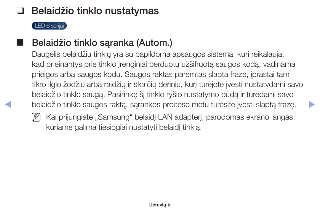 Samsung UE40EH6030WXBT, UE46EH6030WXBT, UE32EH4003WXBT manual Belaidžio tinklo nustatymas, Belaidžio tinklo sąranka Autom 