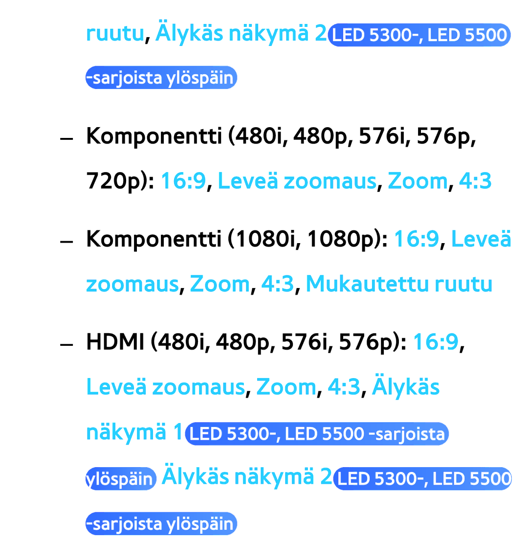 Samsung UE55ES6905UXXE, UE46ES6305UXXE manual Ruutu, Älykäs näkymä 2 LED 5300-, LED, Zoomaus, Zoom, 43, Mukautettu ruutu 