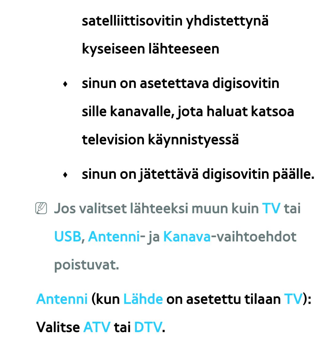 Samsung UE46EH6035KXXE, UE46ES6305UXXE, UE32ES6545UXXE manual Antenni kun Lähde on asetettu tilaan TV Valitse ATV tai DTV 