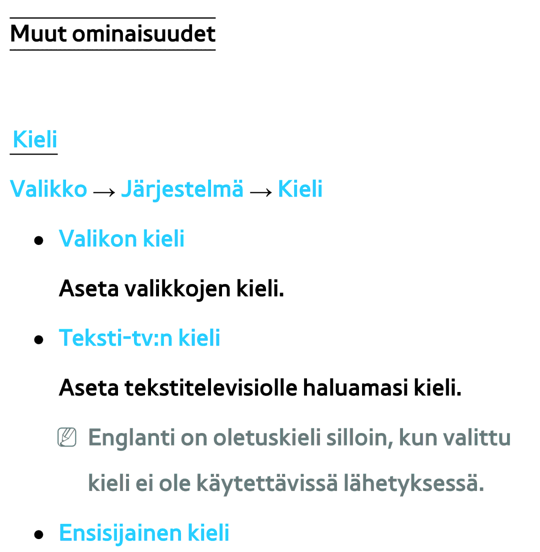 Samsung UE50ES5505KXXE, UE46ES6305UXXE manual Kieli Valikko → Järjestelmä → Kieli Valikon kieli, Ensisijainen kieli 