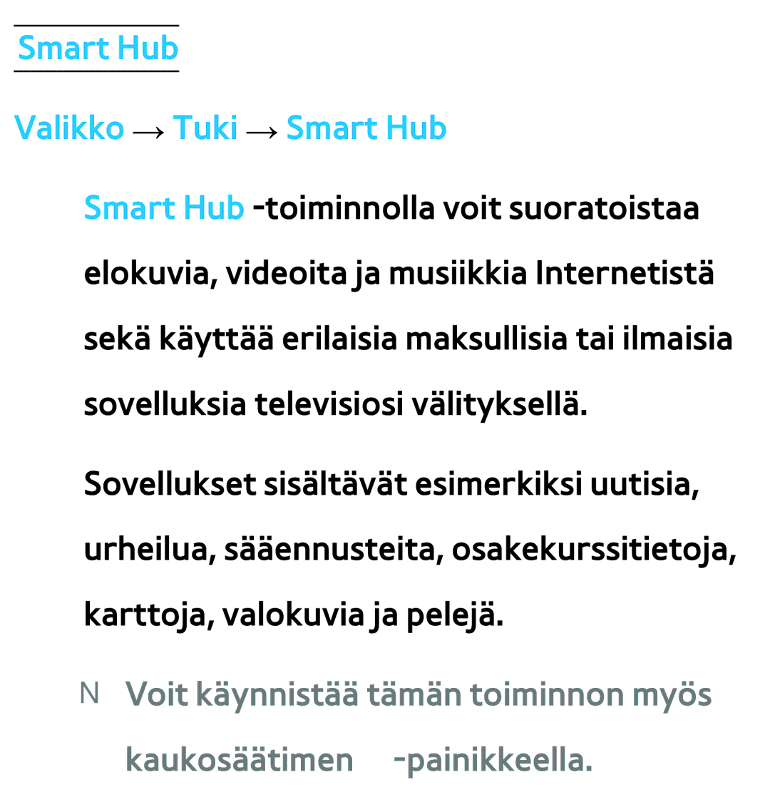 Samsung UE40ES6575UXXE, UE46ES6305UXXE, UE32ES6545UXXE, UE22ES5415WXXE, UE46ES6715UXXE Smart Hub Valikko → Tuki → Smart Hub 