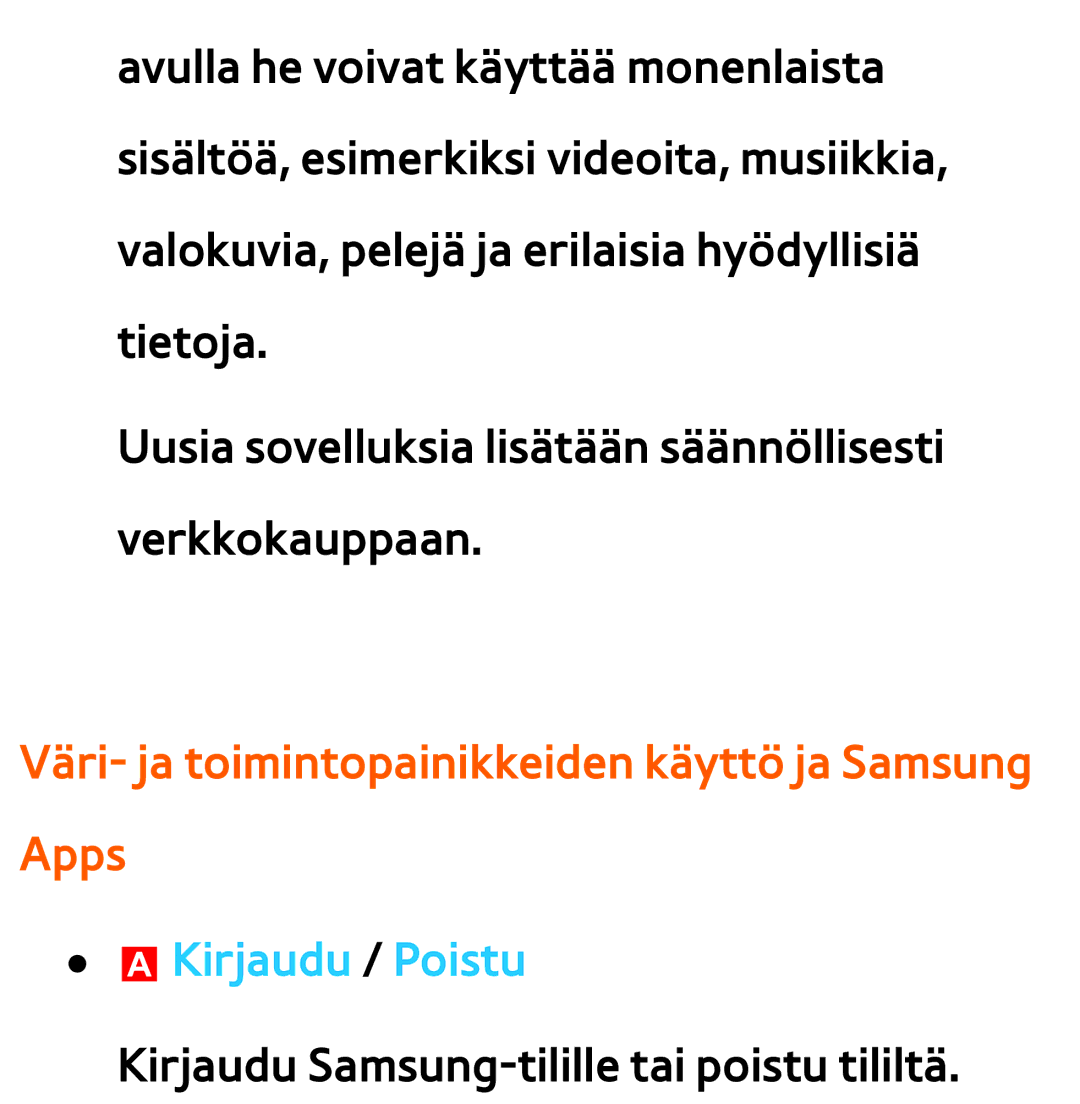 Samsung UE40ES6535UXXE, UE46ES6305UXXE manual Väri- ja toimintopainikkeiden käyttö ja Samsung Apps, AKirjaudu / Poistu 