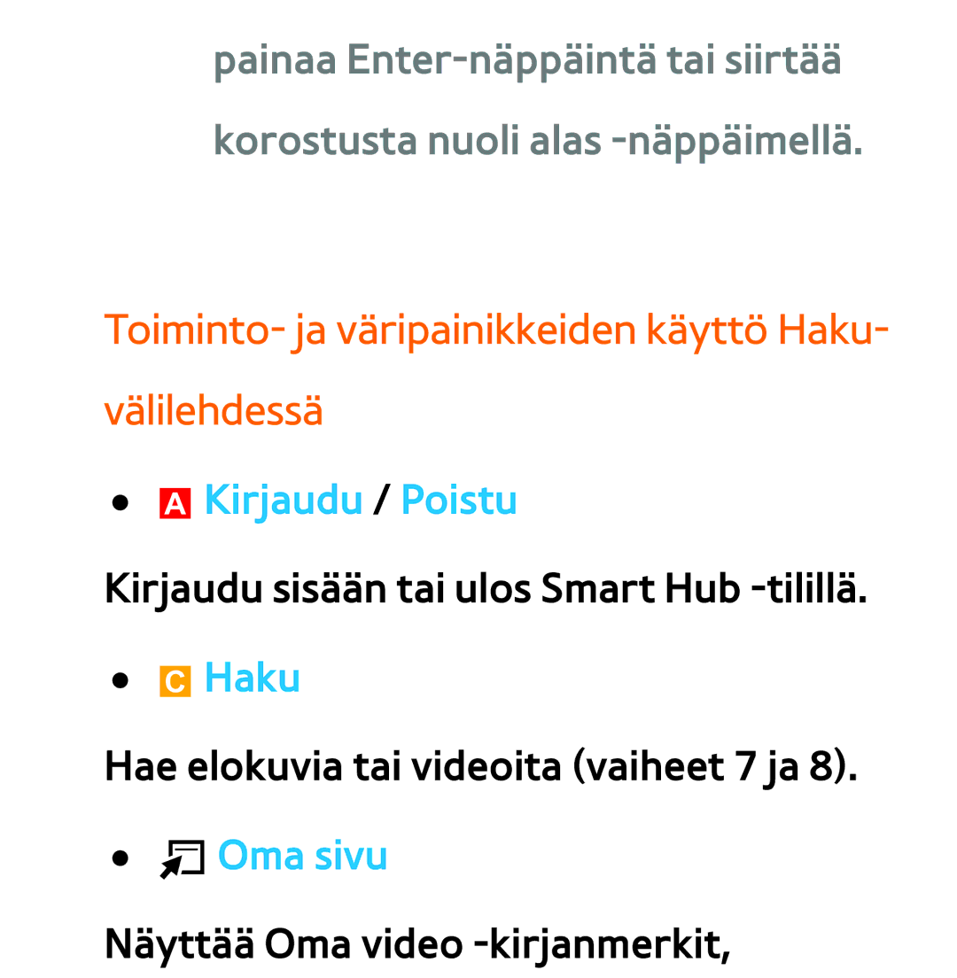 Samsung UE46EH5305KXXE, UE46ES6305UXXE manual Toiminto- ja väripainikkeiden käyttö Haku- välilehdessä, AKirjaudu / Poistu 