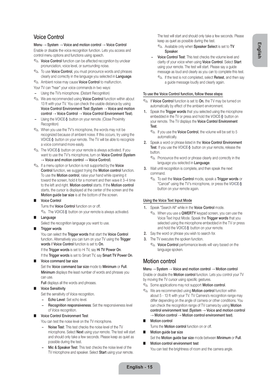 Samsung UE46ES7000SXXC, UE55ES7000SXXH, UE40ES7000SXXC, UE46ES7000SXXH, UE55ES7000SXTK manual Voice Control, Motion control 