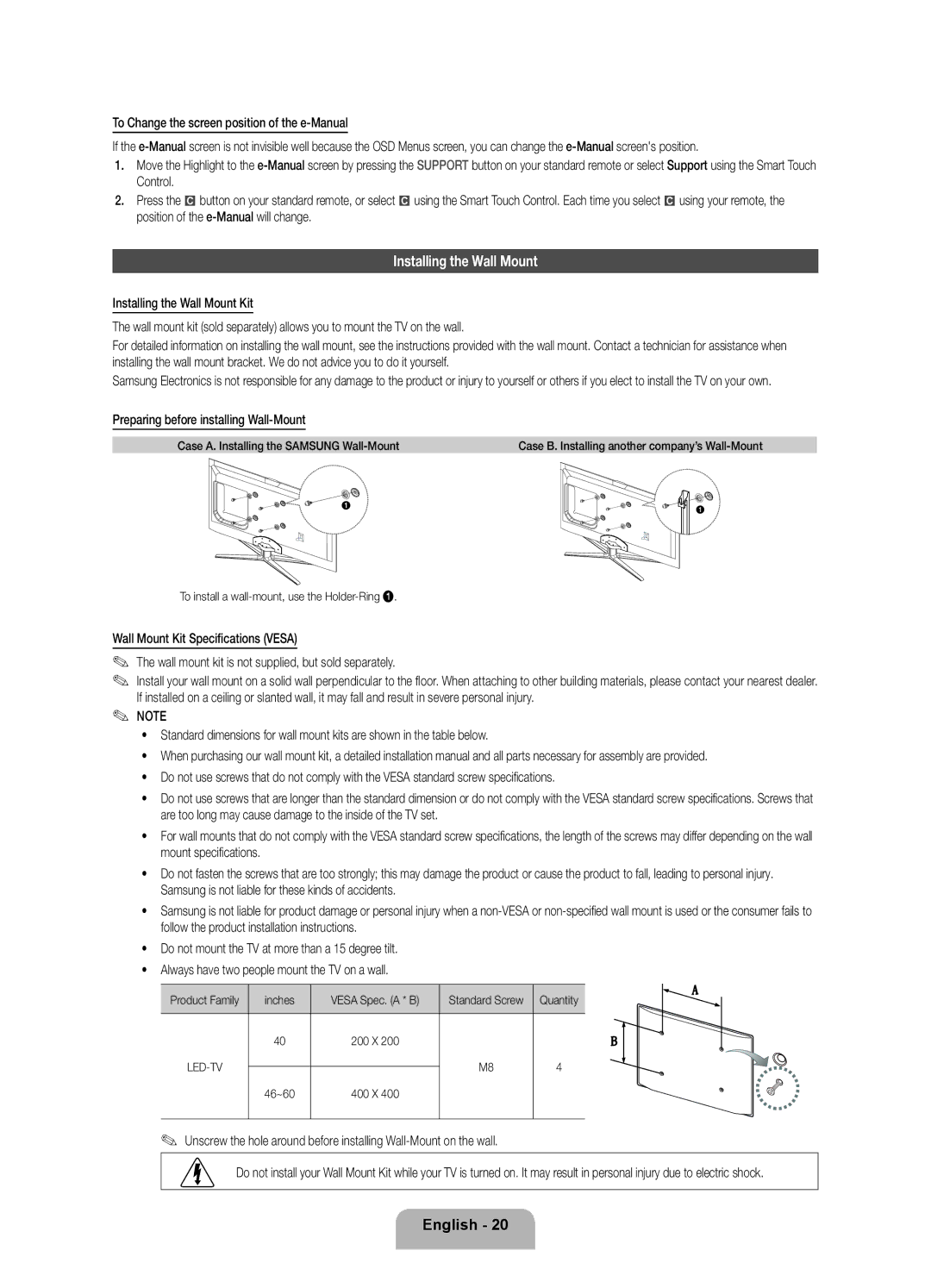 Samsung UE55ES7000SXXN, UE46ES7000SXXC Installing the Wall Mount, Preparing before installing Wall-Mount, Inches, 46~60 