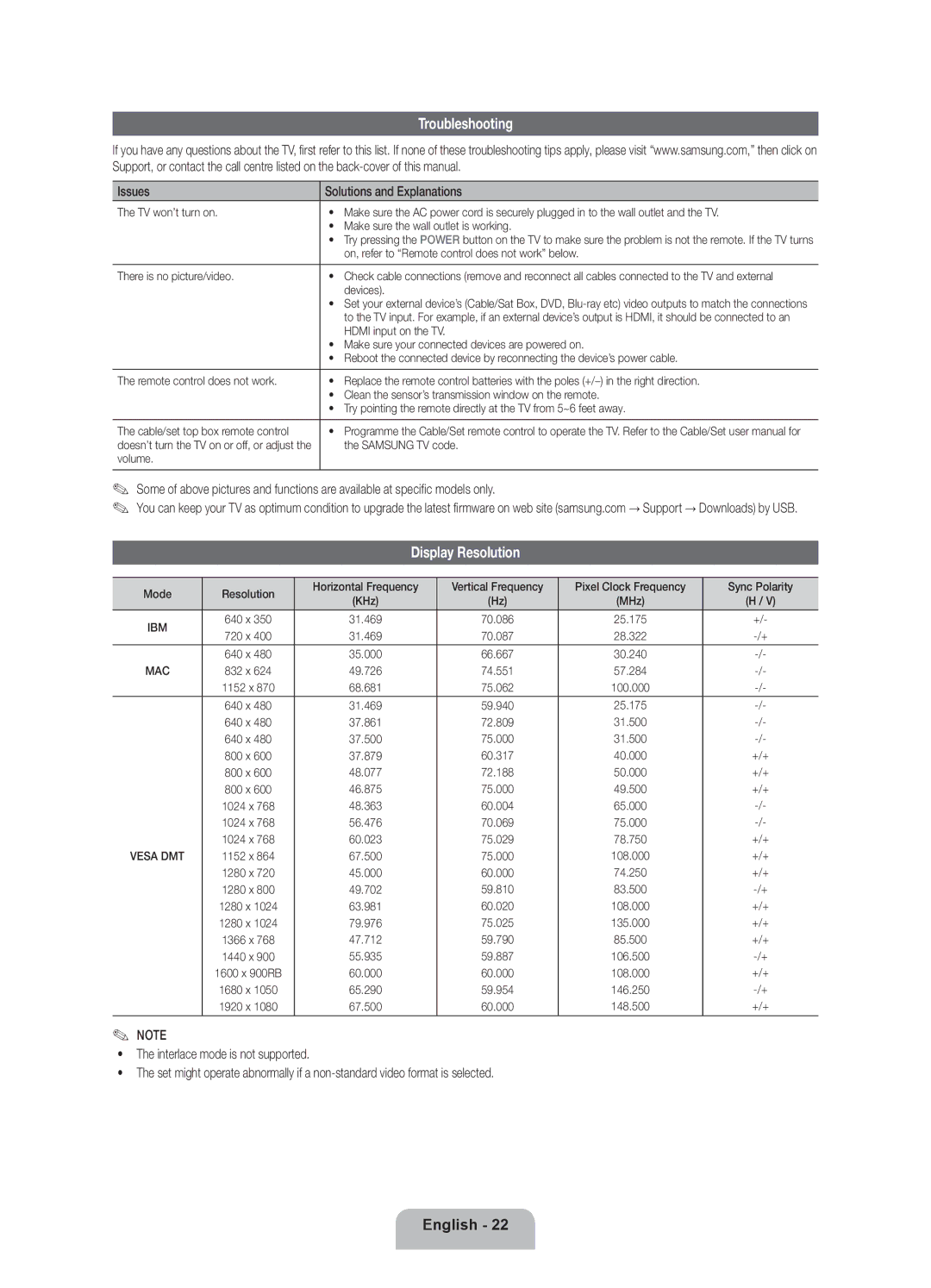 Samsung UE40ES7000SXXN, UE46ES7000SXXC manual Troubleshooting, Display Resolution, Issues Solutions and Explanations 