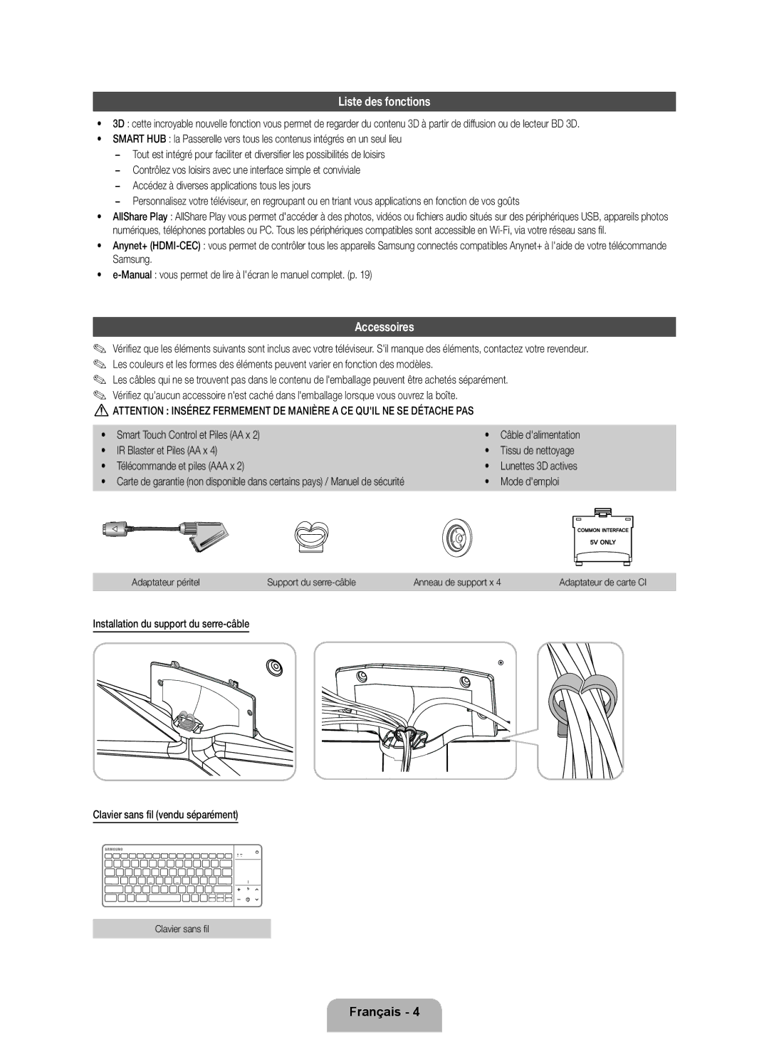 Samsung UE46ES7000SXZF, UE46ES7000SXXC, UE55ES7000SXXH, UE40ES7000SXXC, UE46ES7000SXXH manual Liste des fonctions, Accessoires 