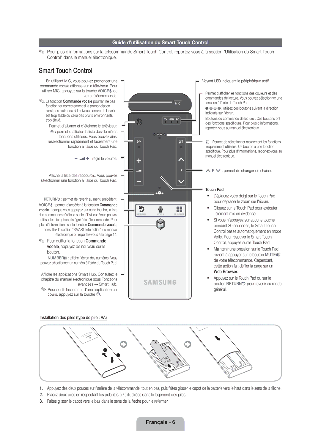 Samsung UE55ES7000SXXC manual Guide dutilisation du Smart Touch Control, Permet dallumer et déteindre le téléviseur 