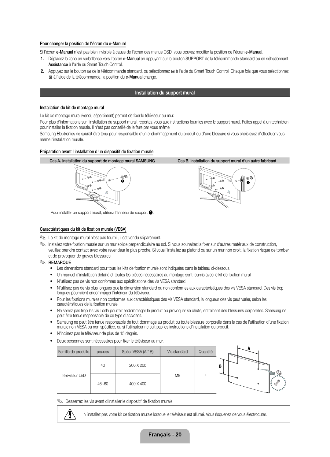 Samsung UE55ES7000SXZF, UE46ES7000SXXC manual Installation du support mural, Pour changer la position de lécran du e-Manual 