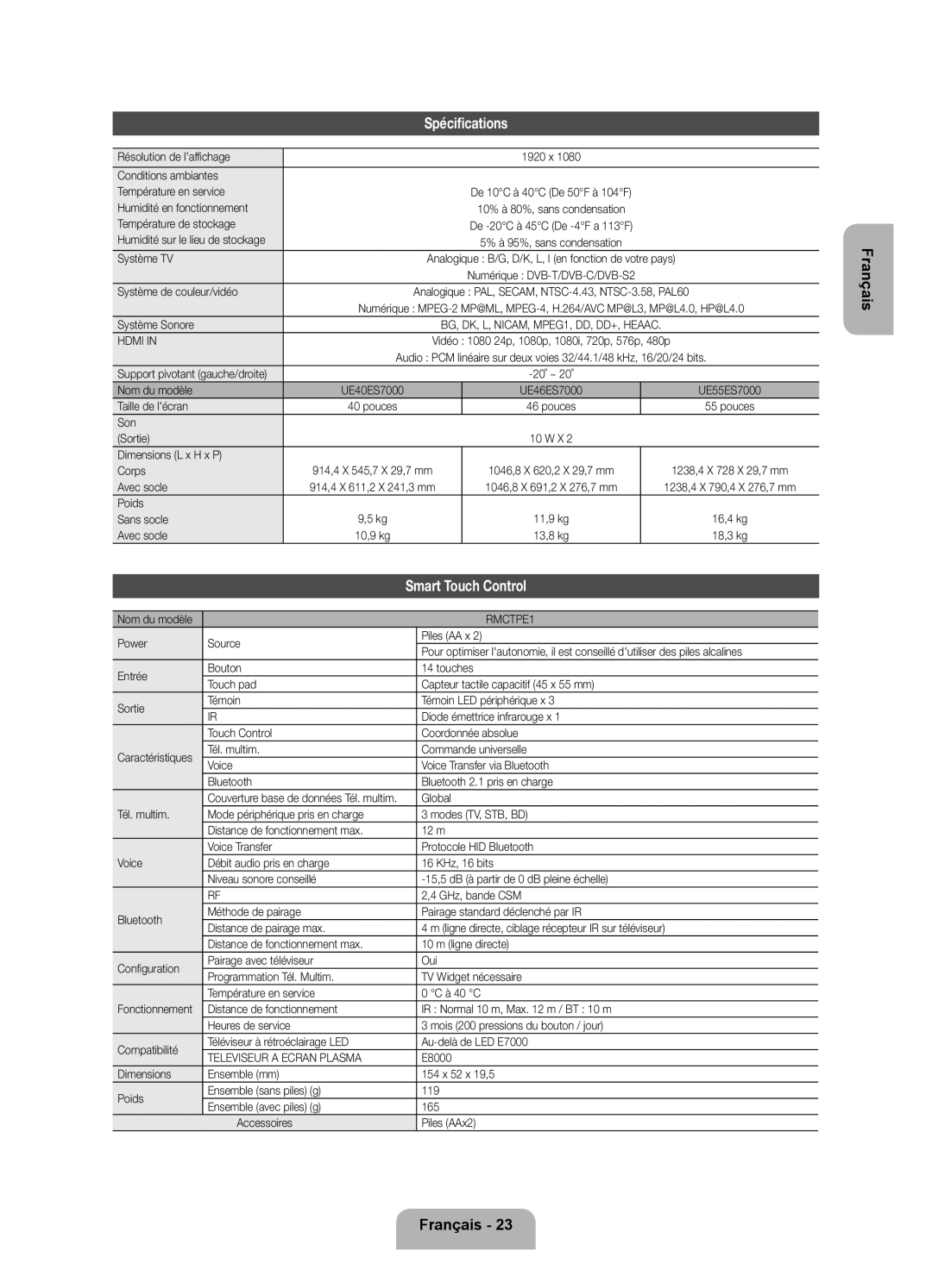 Samsung UE55ES7000SXXH, UE46ES7000SXXC, UE40ES7000SXXC, UE46ES7000SXXH, UE55ES7000SXTK Spécifications, Smart Touch Control 