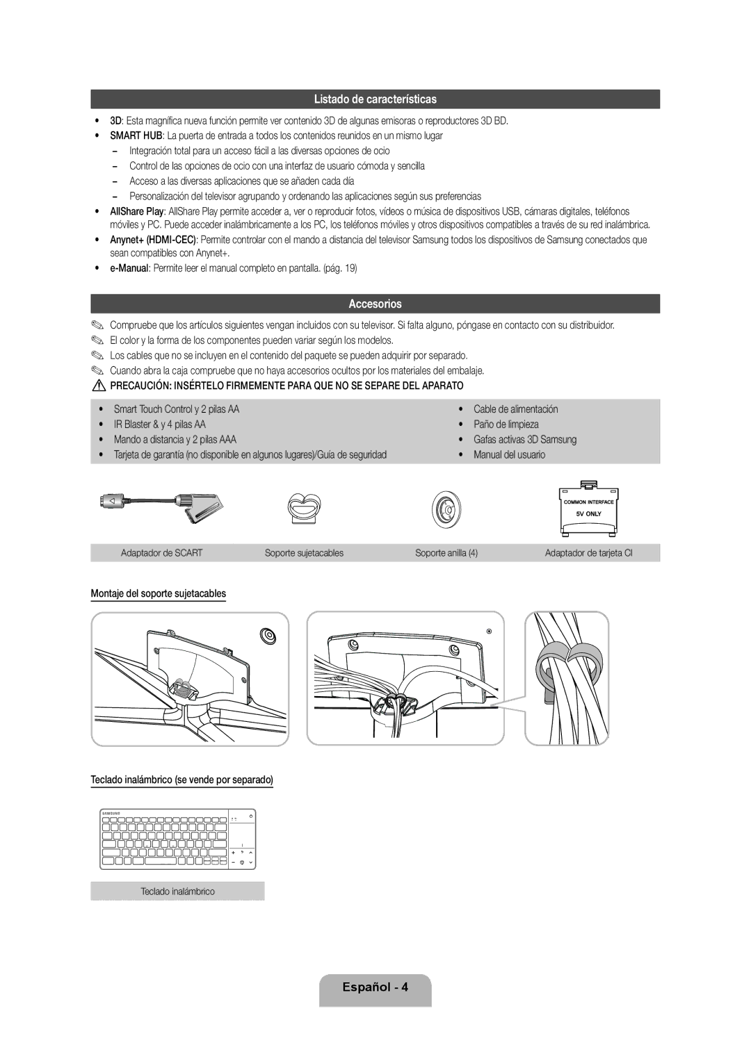 Samsung UE55ES7000SXXN, UE46ES7000SXXC Listado de características, Accesorios, Manual del usuario, Teclado inalámbrico 