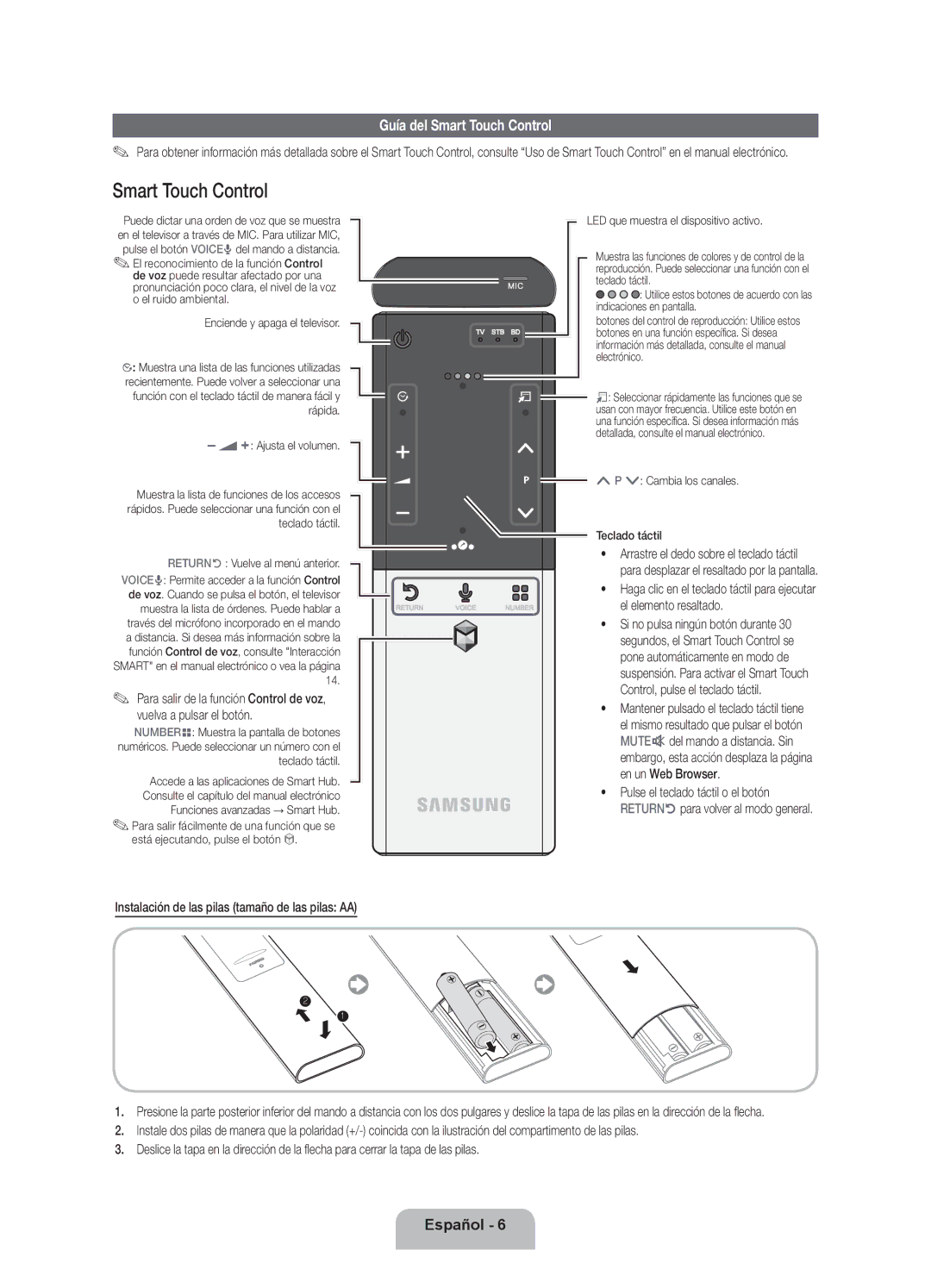 Samsung UE40ES7000SXXN, UE46ES7000SXXC manual Guía del Smart Touch Control, Instalación de las pilas tamaño de las pilas AA 