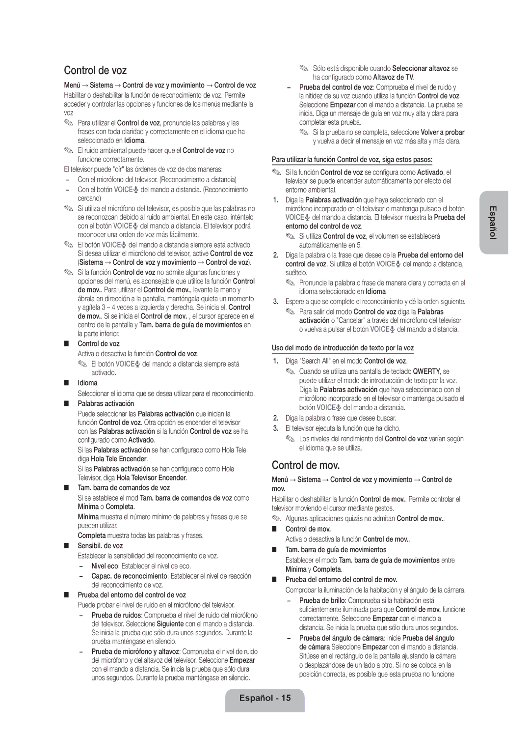 Samsung UE55ES7000SXXH, UE46ES7000SXXC, UE40ES7000SXXC, UE46ES7000SXXH Control de voz, Control de mov, Palabras activación 