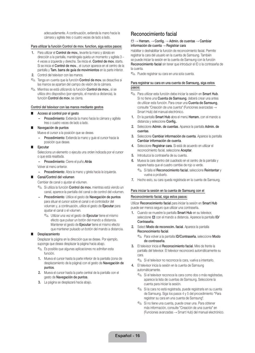 Samsung UE40ES7000SXXC, UE46ES7000SXXC manual Reconocimiento facial, Control del televisor con las manos, Desplazamiento 