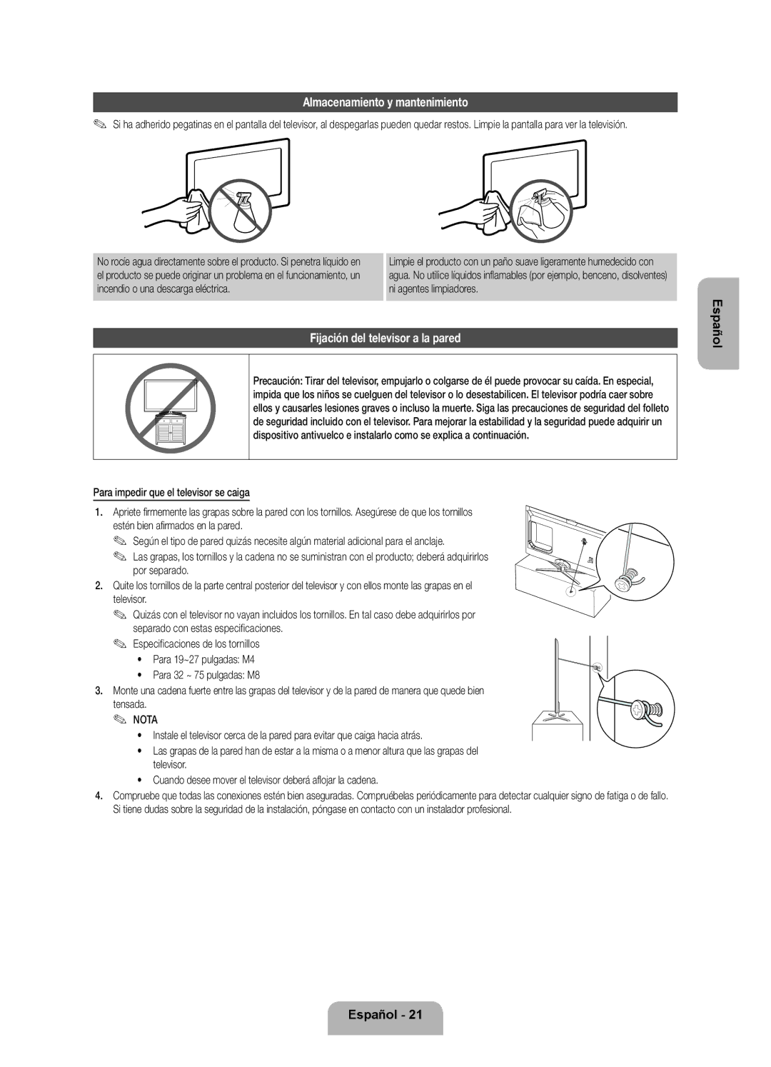 Samsung UE40ES7000SXXN, UE46ES7000SXXC, UE55ES7000SXXH Almacenamiento y mantenimiento, Fijación del televisor a la pared 