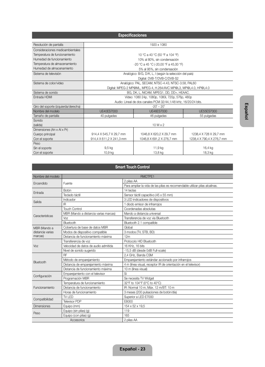 Samsung UE40ES7000SXTK, UE46ES7000SXXC, UE55ES7000SXXH, UE40ES7000SXXC, UE46ES7000SXXH, UE55ES7000SXTK manual Especificaciones 