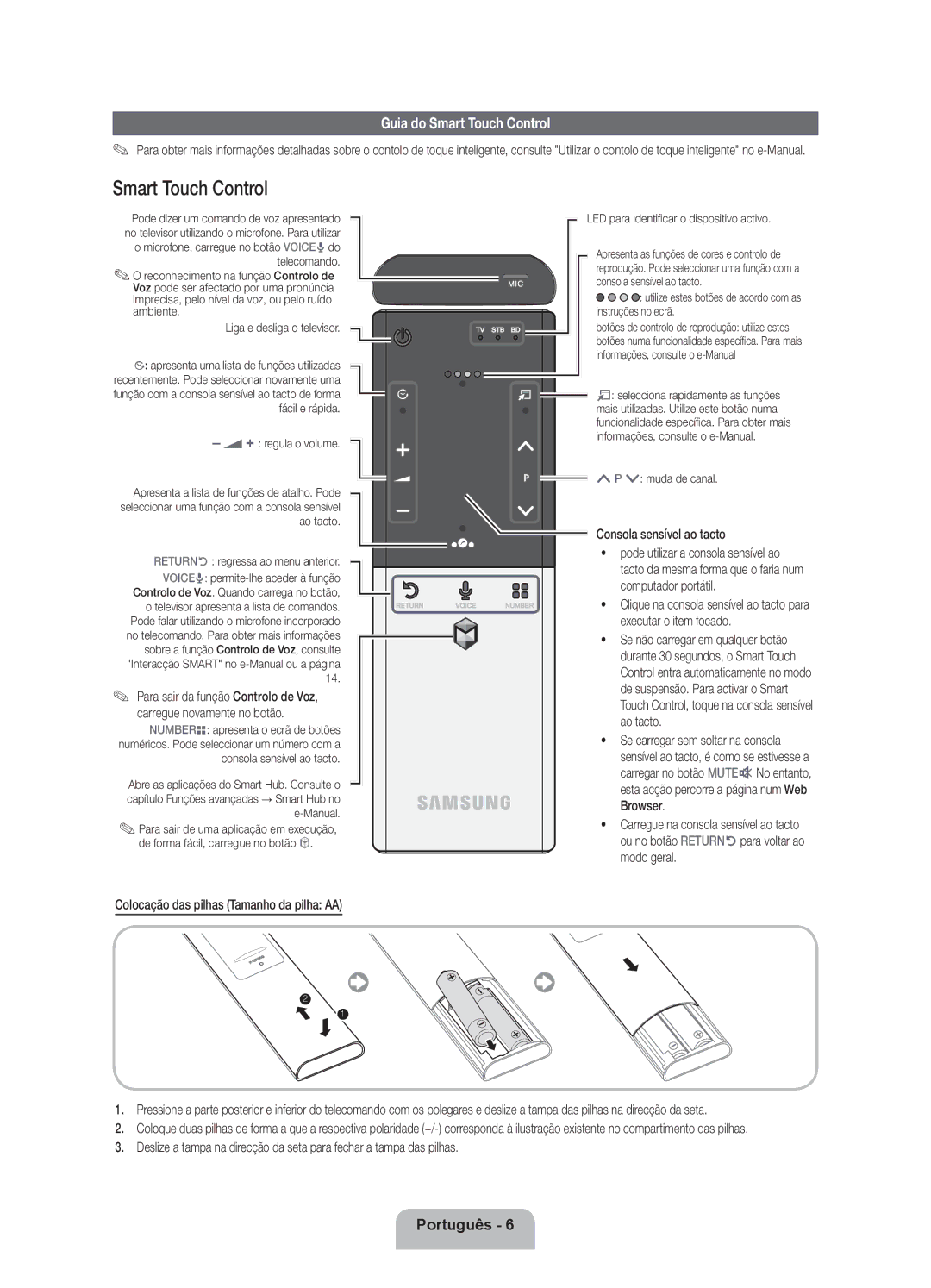 Samsung UE46ES7000SXXC Guia do Smart Touch Control, Consola sensível ao tacto, LED para identificar o dispositivo activo 