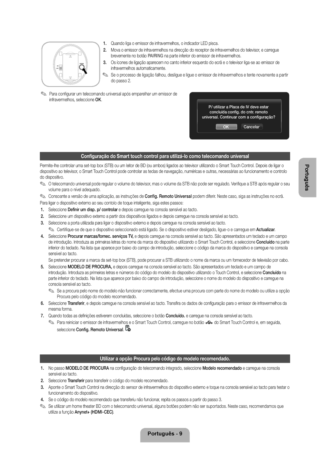 Samsung UE46ES7000SXXH manual Utilizar a opção Procura pelo código do modelo recomendado, Infravermelhos automaticamente 