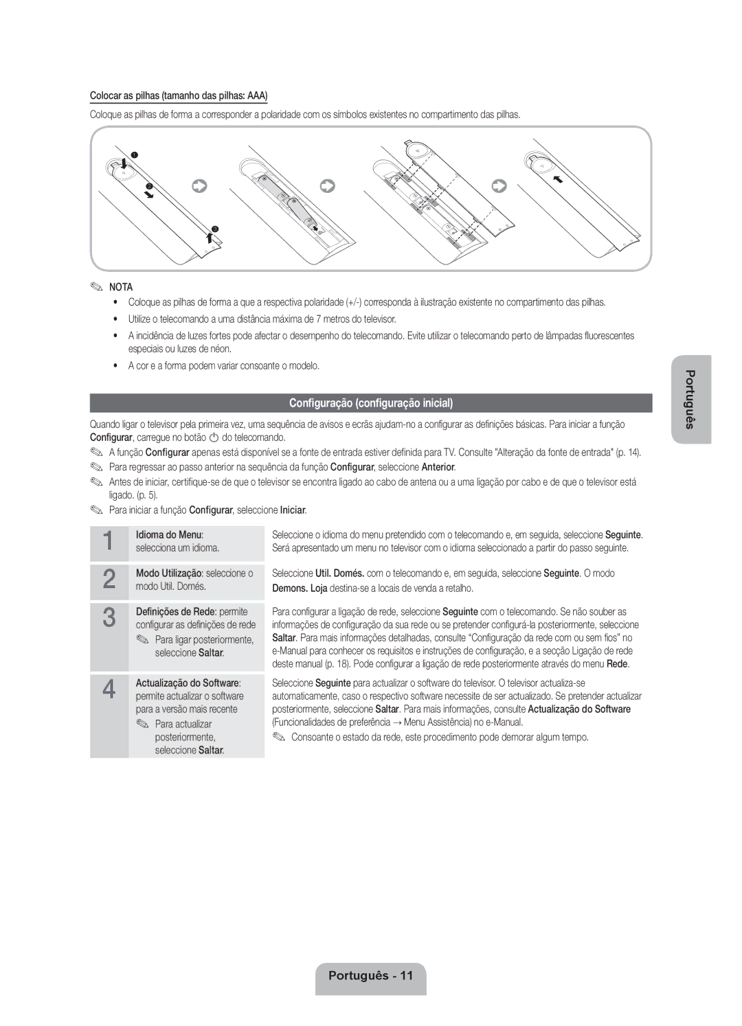 Samsung UE55ES7000SXXN, UE46ES7000SXXC, UE55ES7000SXXH, UE40ES7000SXXC, UE46ES7000SXXH manual Configuração configuração inicial 