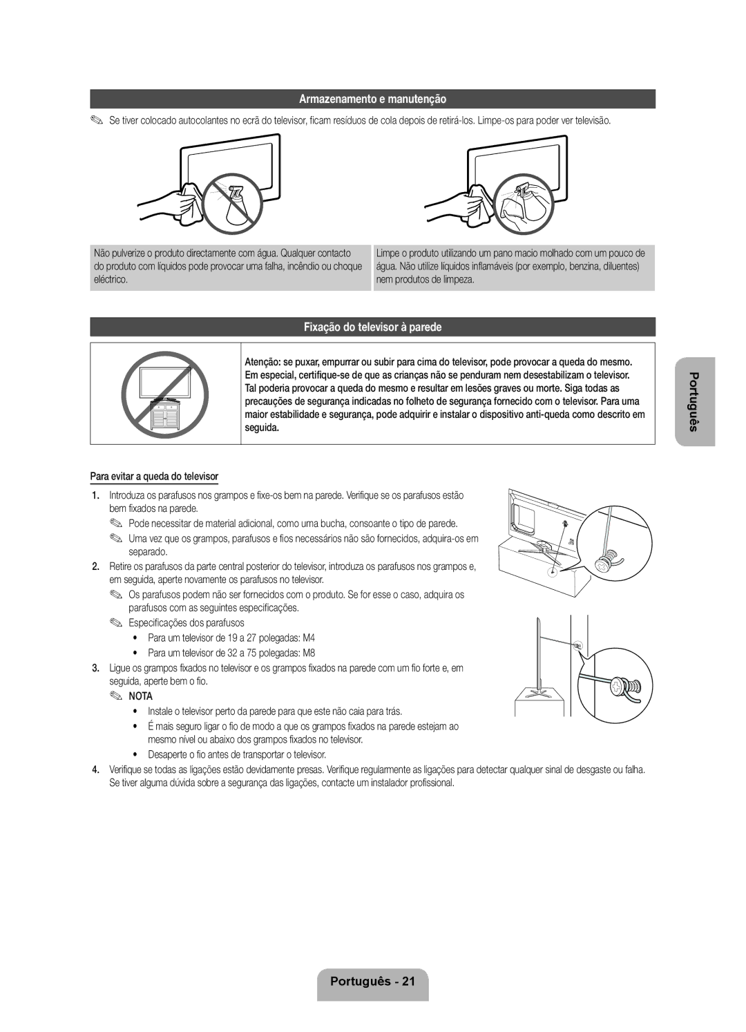 Samsung UE46ES7000SXXC manual Armazenamento e manutenção, Fixação do televisor à parede, Eléctrico Nem produtos de limpeza 